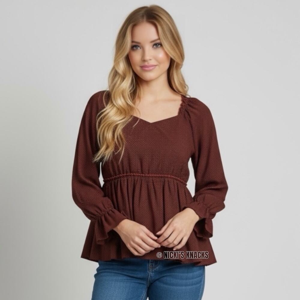 Maurices Rust Peplum Long Sleeve Blouse Square Neck Ruffle Hem Boho Top Size M